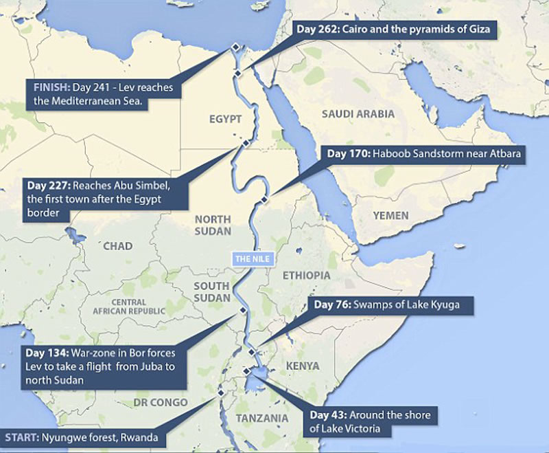 这张地图显示伍德在9个月内走完世界最长河流