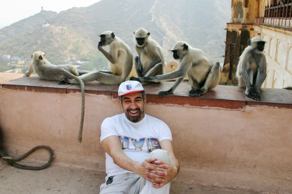 波戴尔于2004年在印度的一座寺庙与猴子合影。其中一只想偷他的帽子。 PHOTOGRAPH COURTESY ALBERT PODELL