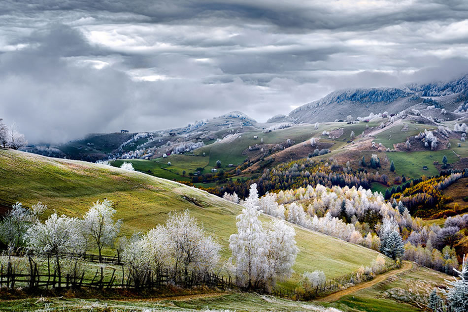 童话之地：罗马尼亚佩斯特拉村（Pestera）下白霜的情景。