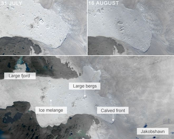 从太空拍摄的照片看到，冰川右方（右上图）的边缘形状跟之前（左上图）不同，出现崩塌。