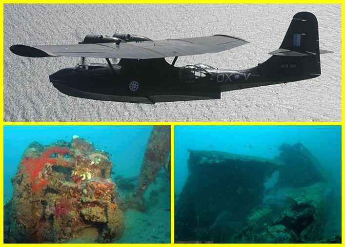 澳洲皇家空军证实2年前在大堡礁发现的飞机残骸（下二图），属于二战时坠毁的一架卡特琳娜型战机（上图）。