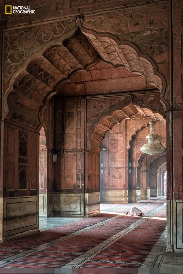 美国摄影师约翰森（Dale Johnson）拍摄印度一名回教徒在清真寺内，伏在地上虔诚祷告。