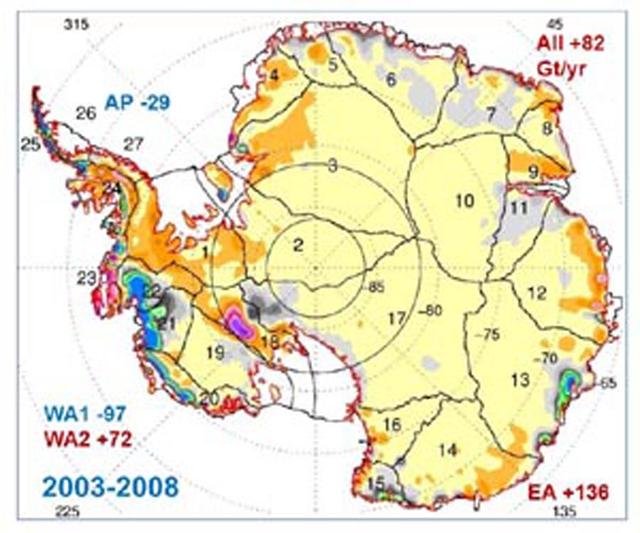 1992年的卫星数据显示，到2001年间冰盖的增加来那个为1120亿吨，2003年至2008年间，冰盖增加量为820亿吨
