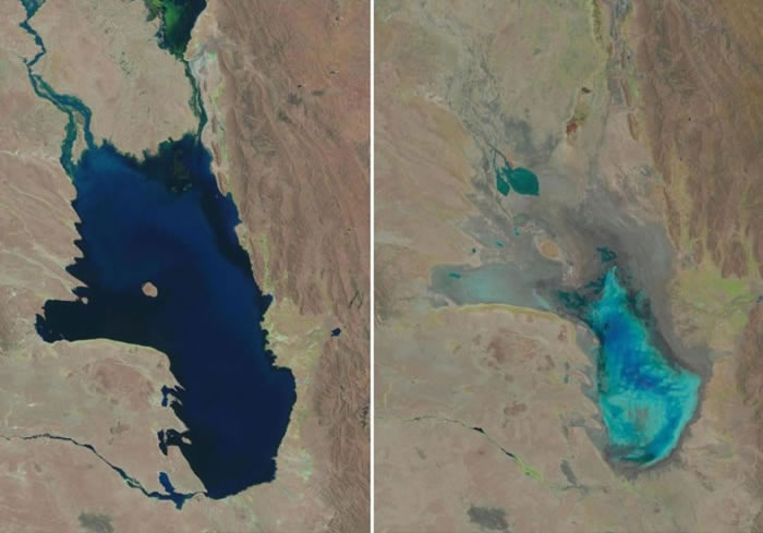 从卫星图片可见，现时波波湖的湖水比起30年前（左），已大幅减少（右）。