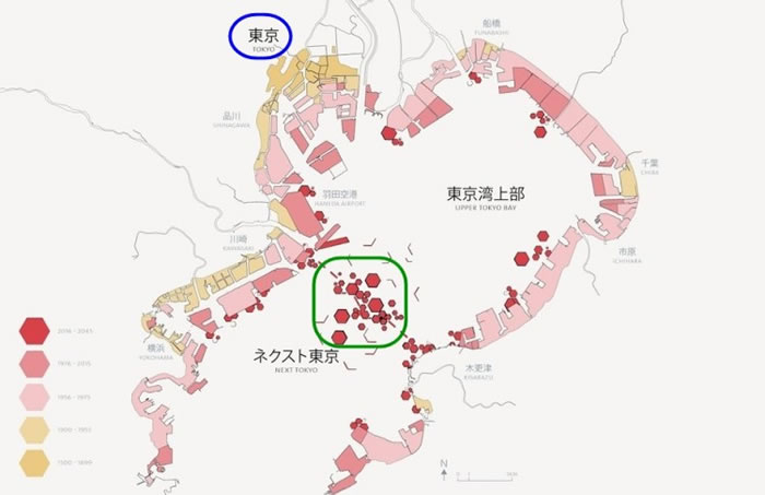 Next Tokyo（绿圈）的位置，与东京（蓝圈）相距不远。