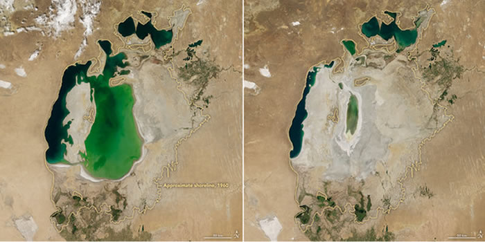 NASA公布的照片显示，咸海2016年(右)对比2000年(左)，面积明显缩小。