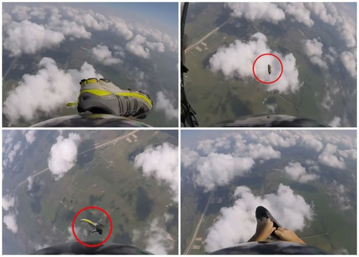 比尔的鞋子在跳伞时飞脱，却能在半空中拾回并穿好。