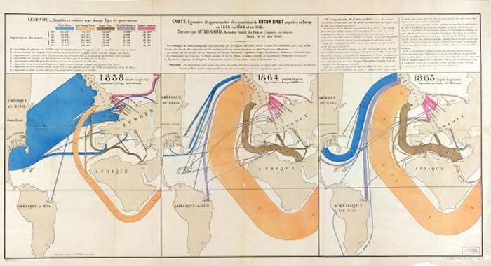 米纳德开创了数种主题制图技术，这些地图分别呈现出1858年、1864年以及1865年时棉花的产地以及进口到欧洲的情形。 MAP COURTESY LIBRARY