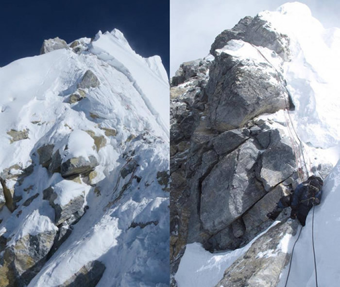 珠穆朗玛峰「希拉里台阶」证实崩塌，右图为2013年原貌，左图则为2016年的情况。