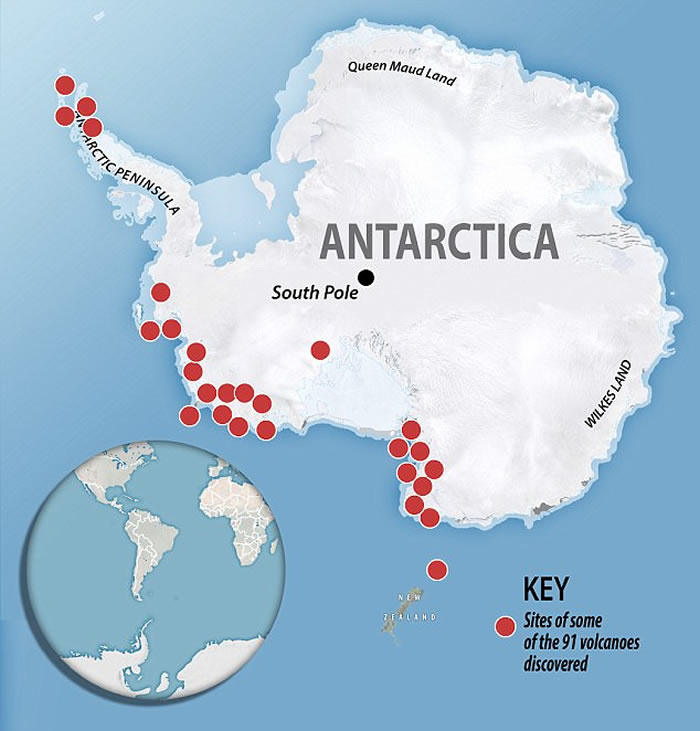 全球最大火山群：南极冰层下发现91座火山