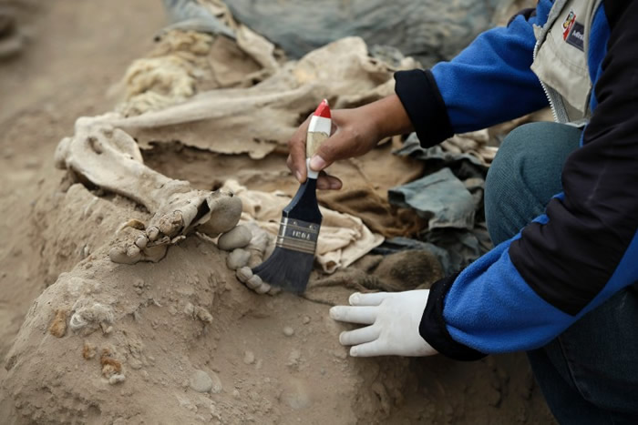 考古学家用扫帚轻力扫走骸骨表面的沙尘。