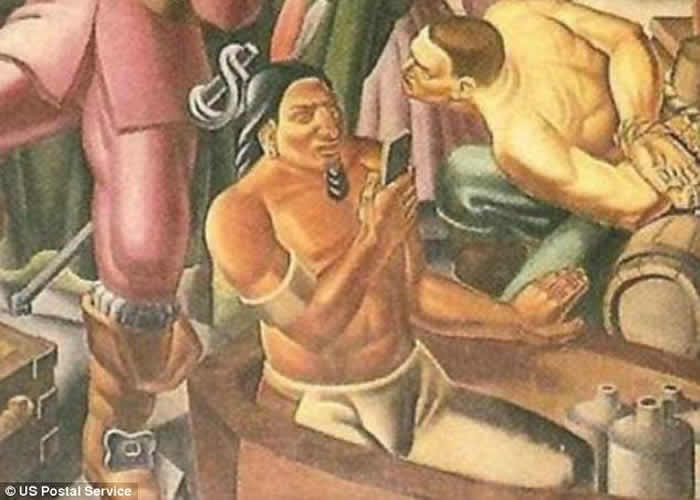意大利艺术家罗马诺1937年绘制壁画《品钦先生与移居春田市》中惊现“智能手机”