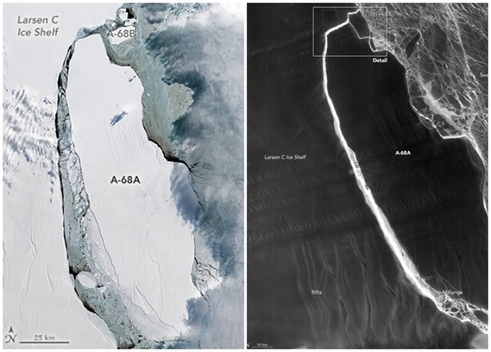 冰山于本年9月的时候（图左）和7月时（图右）的比较。