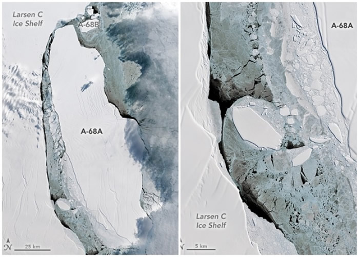 卫星在本年9月16日的自然颜色照片，冰山附近出现了更多碎冰。