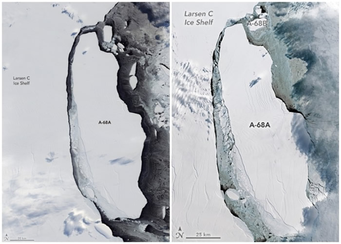 图片左边于8月拍摄，当时碎冰并未有扩大。右边于9月拍摄，冰山亦开始自本体分离。