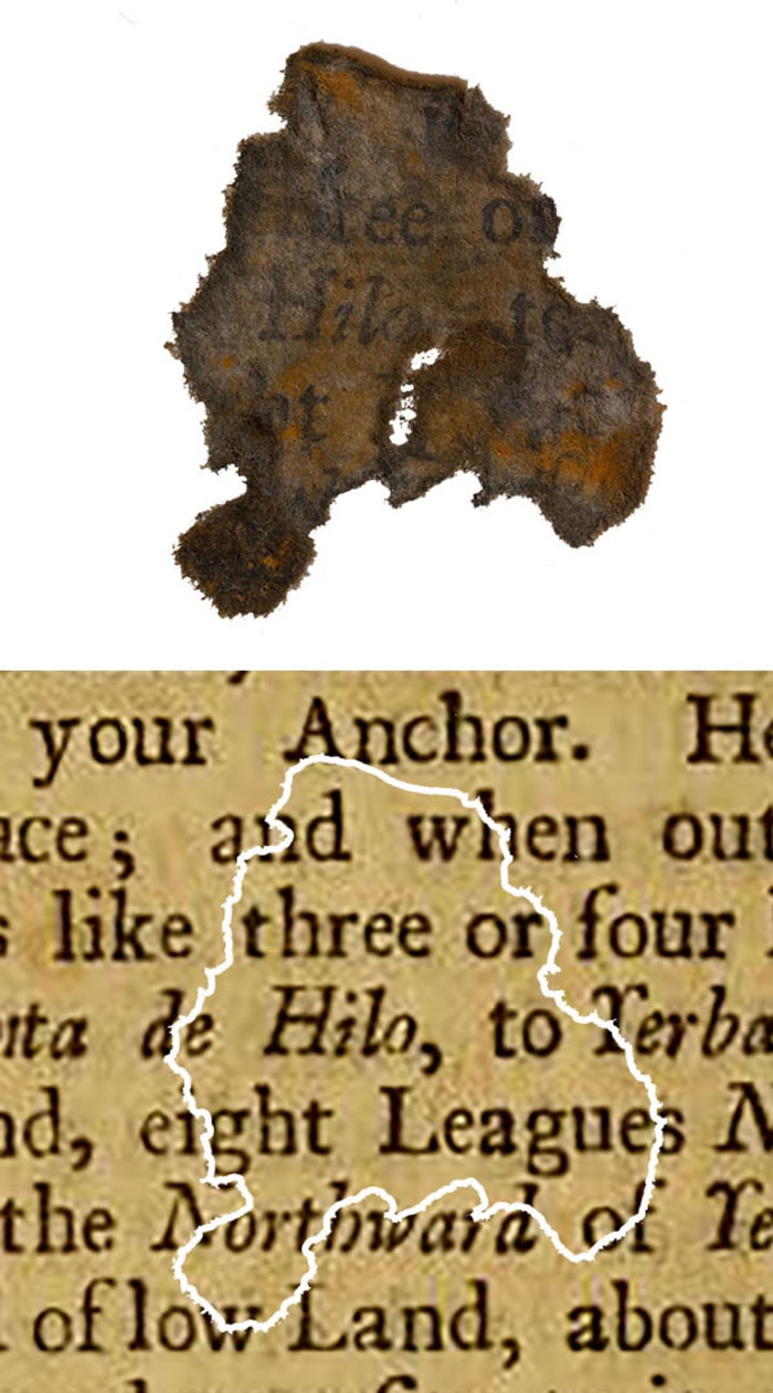一张从黑胡子（Blackbeard）旗舰安妮女王复仇号（Queen Anne’s Revenge）上找到的碎纸片，和原书页比较。 PHOTOGRAPH COUR