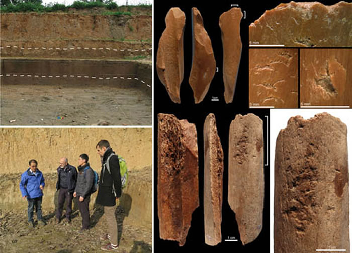 左上展示许昌人遗址发掘场景；左下是研究者于2016年冬考察许昌人遗址照片（从左至右：李占扬，Francesco d’Errico，李浩，Luc Doyon）；右