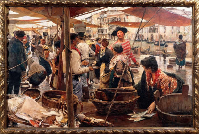 意大利威尼斯的鱼市场，是威勒比的物种灵感泉源。这是提托（Ettore Tito, 1859-1941）于1887年画的《里亚托尔旧鱼市场》（The Old Fi
