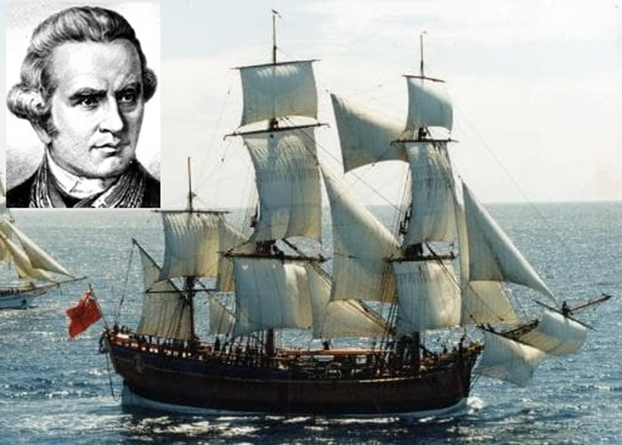 库克船长（小图）当年乘坐帆船“奋进号”考察太平洋。