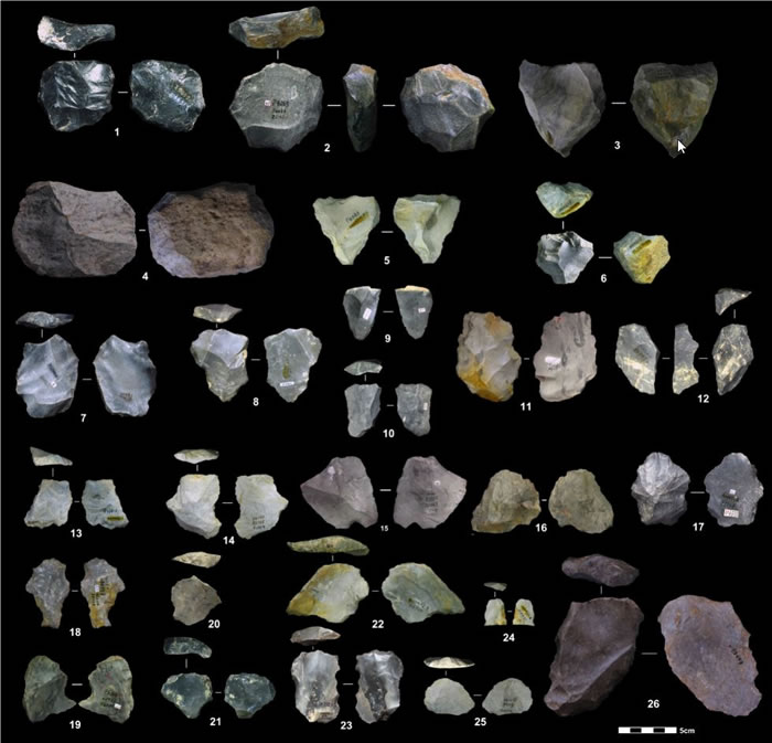 观音洞遗址出土石制品（勒瓦娄哇石核、石片、工具和修理台面石片） （胡越 供图）