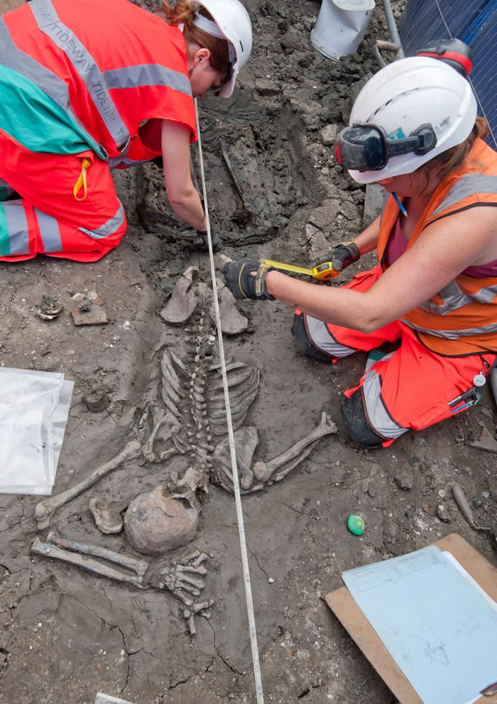 伦敦的考古学家正在研究一名30多岁的成年男性骨骸，他已经在地下静静躺了超过500年。 COURTESY OF MOLA HEADLAND INFRASTRUCT