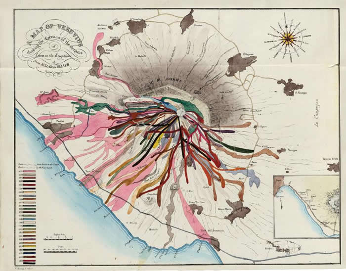 这张地图记录了维苏威火山（Mount Vesuvius）从公元1631年到1831年间28次喷发所流出的熔岩流，每次喷发的熔岩流都以不同颜色标示。 地图上记录的