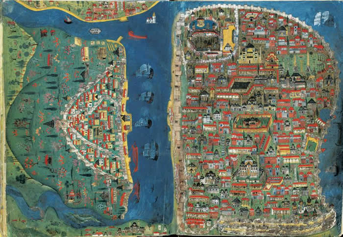 马洽希． 纳素（Matrakçı Nasuh）所绘的16世纪伊斯坦堡地图上，可以看到像圣索非亚大教堂（Hagia Sophia）之类著名地