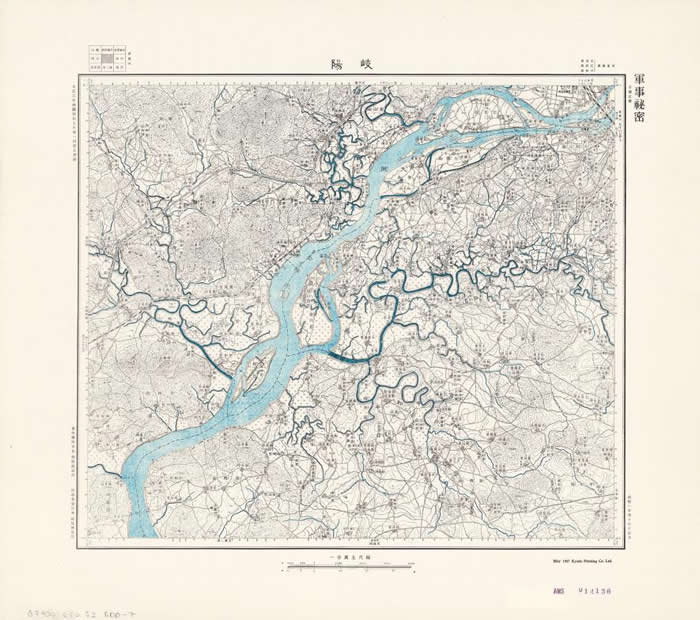 这张1947年的日本军事地图展示的是目前北韩首都平壤附近的地区。 COURTESY OF STANFORD UNIVERSITY LIBRARIES