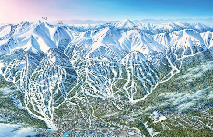 在这幅科罗拉多州布雷肯里治滑雪场（Breckenridge Ski Resort）的地图中，画家吉姆． 尼修斯（Jim Niehues）稍微更动了滑雪场的地貌，