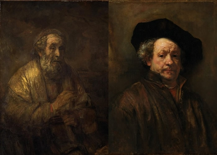 《荷马》（左图）由伦勃朗（右图）绘出。