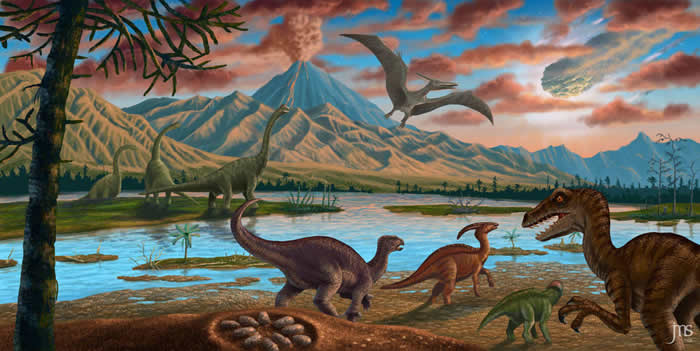 小行星坠落和大规模火山喷发共同导致了恐龙和其他中生代动物的灭绝