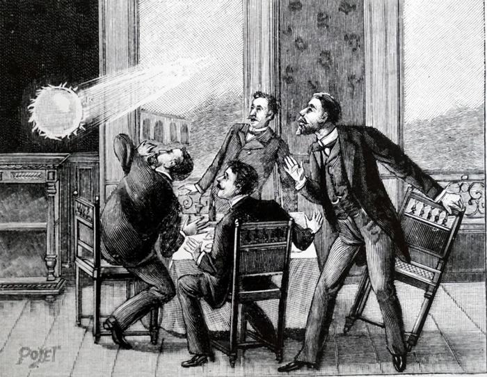 这幅法国插图描绘的是球状闪电从窗户飞进房间，历史上有许多这样的纪录。 ILLUSTRATION FROM WORLD HISTORY ARCHIVE, ALAM