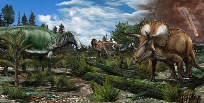 北美洲约6600万年前一座泛滥平原的重建图，霸王龙、埃德蒙顿龙（Edmontosaurus）与三角龙等恐龙漫游其上。 ILLUSTRATION BY DAVID