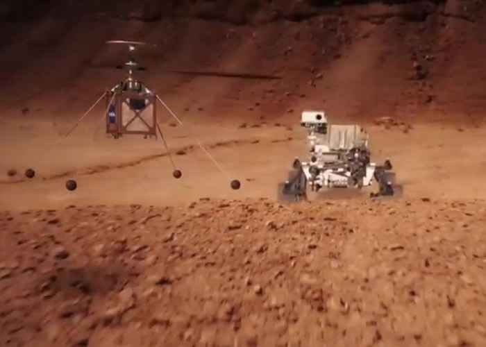火星直升机（左）将与“火星2020号”探测车（右）一同登陆火星。图为构想图。