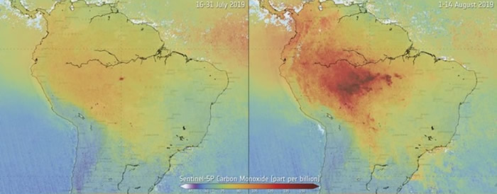 欧洲太空总署公开卫星图片显示亚马逊地带上月的空气污染问题加剧