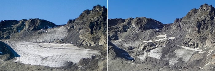 皮措尔山冰川近年逐渐消失，图为2006年（左）与2019年（右）对照。