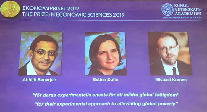 2019年诺贝尔经济学奖授予印裔美国人Abhijit Banerjee、法国Esther Duflo和美国Michael Kremer