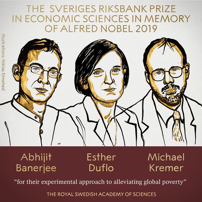 2019年诺贝尔经济学奖授予印裔美国人Abhijit Banerjee、法国Esther Duflo和美国Michael Kremer