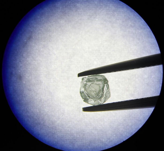 一个新发现的钻石在一个较大钻石的内部自由地晃动，这种现象前所未见。 科学家正在苦思这种特殊的结构是如何形成的。 PHOTOGRAPH COURTESY OF A
