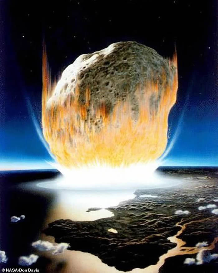 大约6600万年前，一颗宽约10到15公里的小行星以每小时7万公里的高速撞击在墨西哥东南部的尤卡坦半岛,地球上超过四分之三的物种因这次撞击灾难而灭绝。