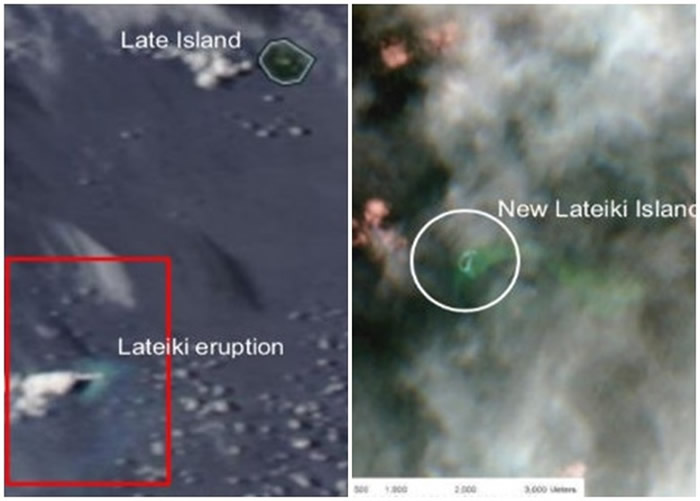 卫星图显示原先的拉德基岛（左图红方框）在火山爆发后沉没，其后形成一个更大的新岛屿（右图白圈）。