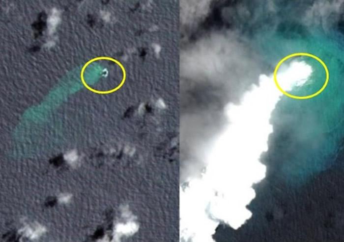 卫星图显示拉德基岛爆发时冒出滚滚浓烟。