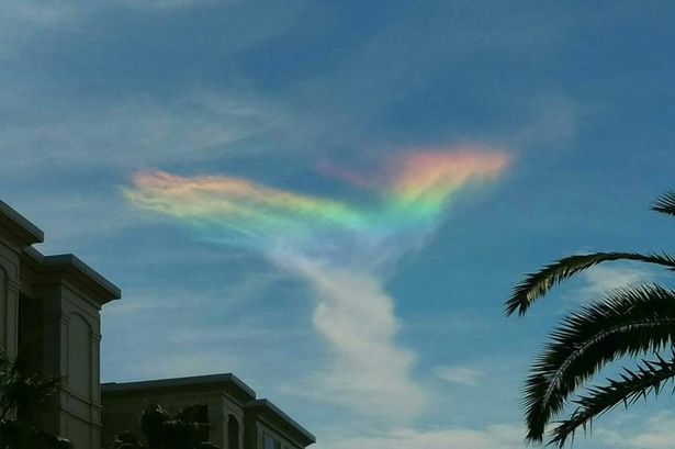 美国南卡罗来纳州棕榈岛天空出现称为“环地平弧”的“火彩虹”