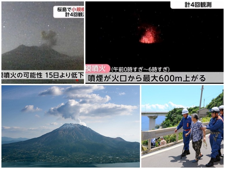 樱岛火山周日凌晨多次爆发（左上、右上图），当局派员协助居民疏散（右下图）。