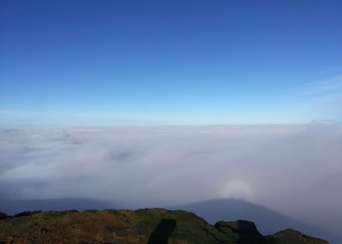 蓝天下山间被浓雾覆盖，彩虹光环罩住的人影屹立在山脊。