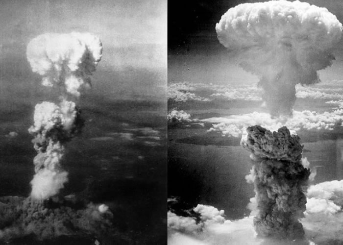广岛（左图）和长崎（右图）分别遭受原子弹袭击。