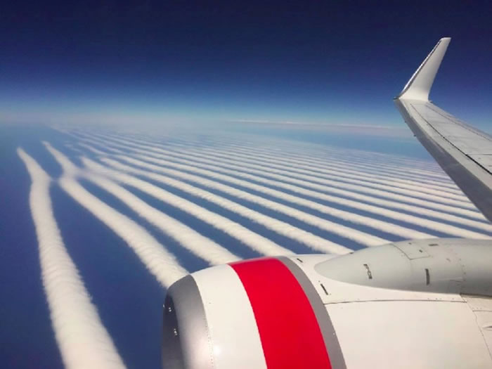 Ilya Katsman在维珍澳洲航空拍下多条平行飞机云