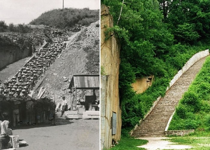 集中营的楼梯以碎石建成。右图为已修葺完毕的楼梯。
