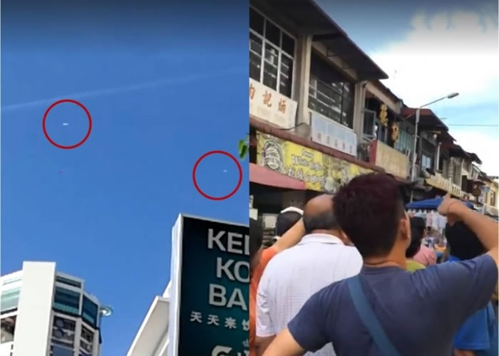 上空出现UFO（左图红圈），引来大批市民抬头仰望（右图）。