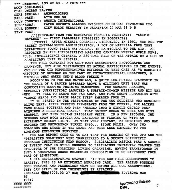 有关外星人的解密档案，可于CIA网上资料库找到。